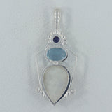 Rainbow Moonstone, Blue Topaz, Iolite Silver Pendant