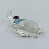 Rainbow Moonstone, Blue Topaz, Iolite Silver Pendant