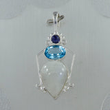 Rainbow Moonstone, Blue Topaz, Iolite Silver Pendant