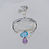 Rainbow Moonstone, Blue Topaz, Amethyst Silver Pendant