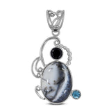 Dendritic Opal, Blue Topaz, Onyx Silver Pendant