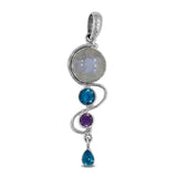 Rainbow Moonstone, Blue Topaz, Amethyst Silver Pendant