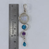 Rainbow Moonstone, Blue Topaz, Amethyst Silver Pendant