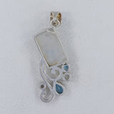 Rainbow Moonstone, Blue Topaz Silver Pendant