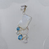 Rainbow Moonstone, Blue Topaz Silver Pendant