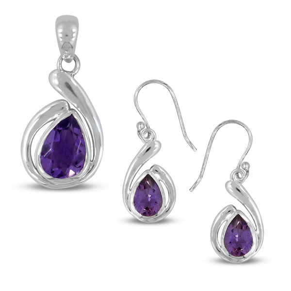 925 Sterling Silver Amethyst Gemstone Pendant Set