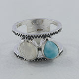 Rainbow Moonstone, Larimar Gemstone Silver Ring