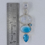 Rainbow Moonstone, Larimar, Blue Topaz Silver Pendant