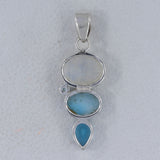 Rainbow Moonstone, Larimar, Blue Topaz Silver Pendant