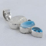 Rainbow Moonstone, Larimar, Blue Topaz Silver Pendant