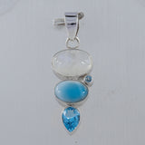 Rainbow Moonstone, Larimar, Blue Topaz Silver Pendant