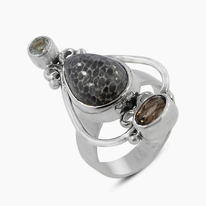 Fossil Black Coral Silver Rings
