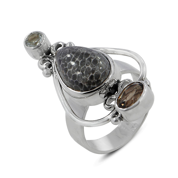 Fossil Black Coral Silver Ring