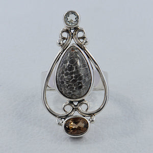 Fossil Black Coral Silver Ring
