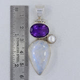 Rainbow Moonstone, Amethyst & Pearl Silver Pendant (Copy)