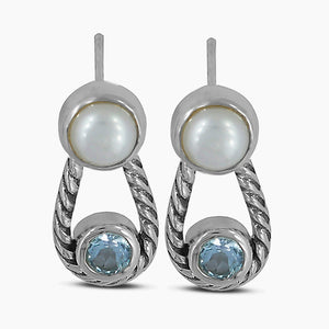 Pearl and Blue topaz Silver Studs Earrings
