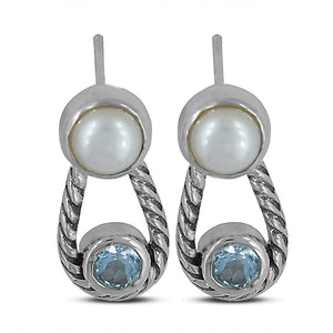 Pearl and Blue topaz Silver Studs Earrings