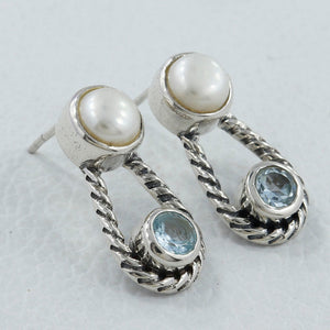 Pearl and Blue topaz Silver Studs Earrings