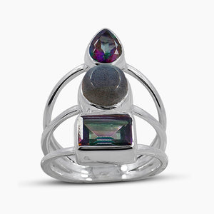 Natural Rainbow Moonstone Silver Rings