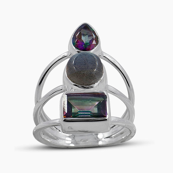 Natural Rainbow Moonstone Silver Rings