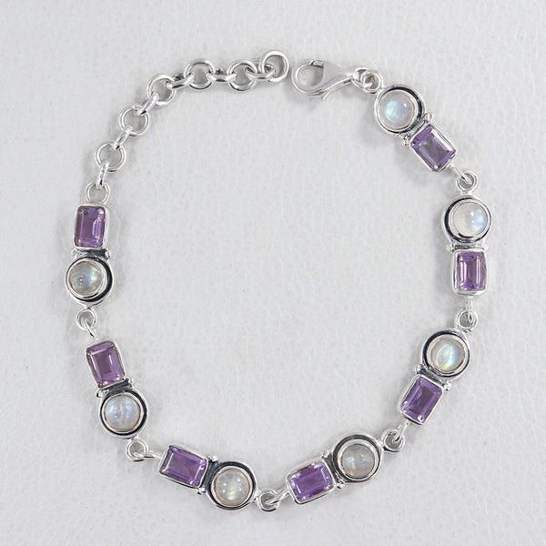 Amethyst & Rainbow Moonstone Silver Bracelets