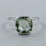 Green Amethyst Checkerboard Cut Silver Ring