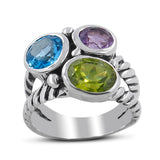 Blue Topaz, Amethyst, Peridot Multi Stone Silver Band Ring