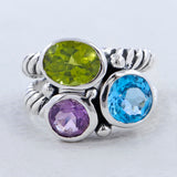 Blue Topaz, Amethyst, Peridot Multi Stone Silver Band Ring