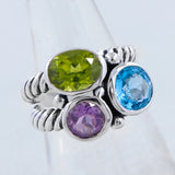 Blue Topaz, Amethyst, Peridot Multi Stone Silver Band Ring