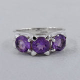 Amethyst Three Stone Silver Ring