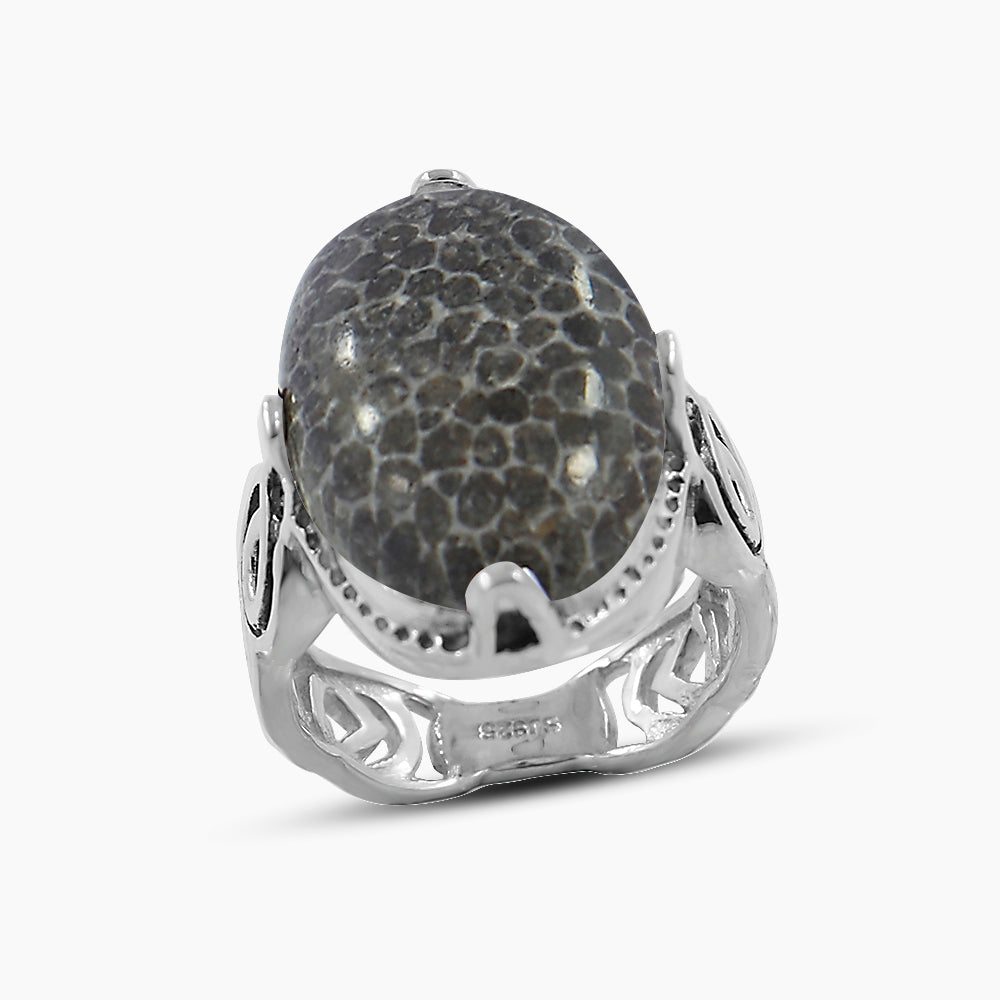 Fossil Black Coral Silver Rings