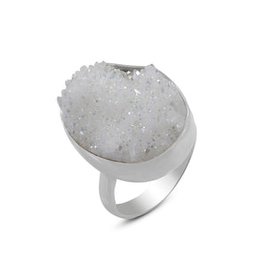 Rainbow White Druzy Silver Rings