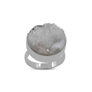 Rainbow White Druzy Silver Rings