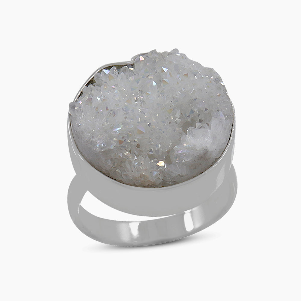 Rainbow White Druzy Silver Rings