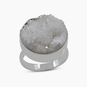 Rainbow White Druzy Silver Rings