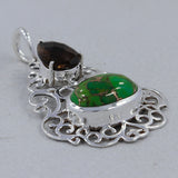 Green Copper Turquoise, Smoky Quartz Silver Pendant