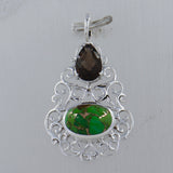 Green Copper Turquoise, Smoky Quartz Silver Pendant