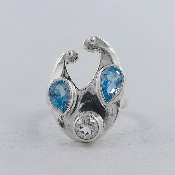 Blue Topaz & Crystal 925 Sterling Silver Ring
