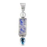 Rainbow Moonstone, Blue Topaz, Pearl Silver Pendant