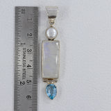 Rainbow Moonstone, Blue Topaz, Pearl Silver Pendant