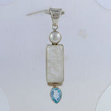 Rainbow Moonstone, Blue Topaz, Pearl Silver Pendant