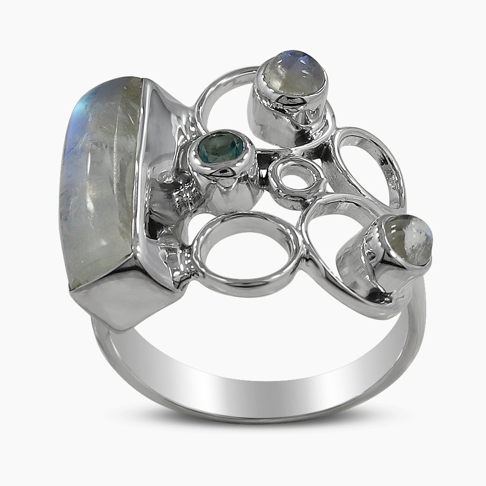 Blue Rainbow Moonstone Silver Rings