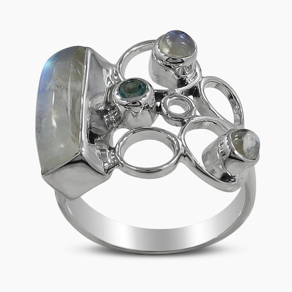 Blue Rainbow Moonstone Silver Rings