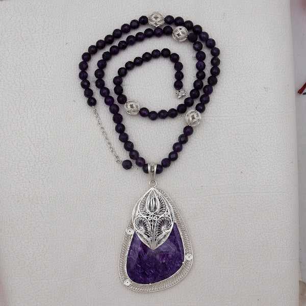 Charoite Silver Beads Necklace