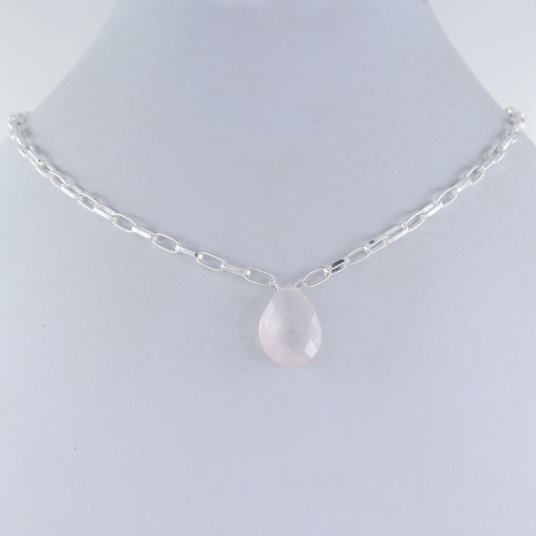 Rose Quartz Briliant Gemstone Necklace, 925 Solid Silver Necklace