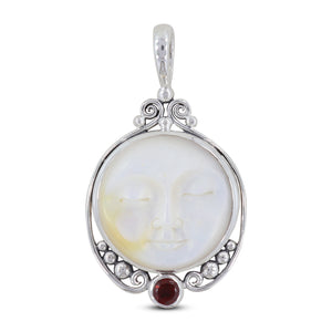 Moon Face & Garnet Silver Pendant