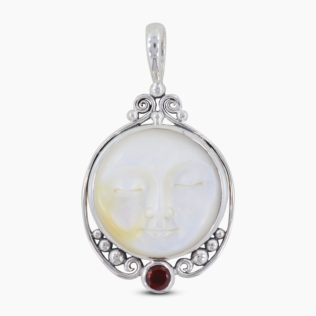 Moon Face & Garnet Silver Pendants