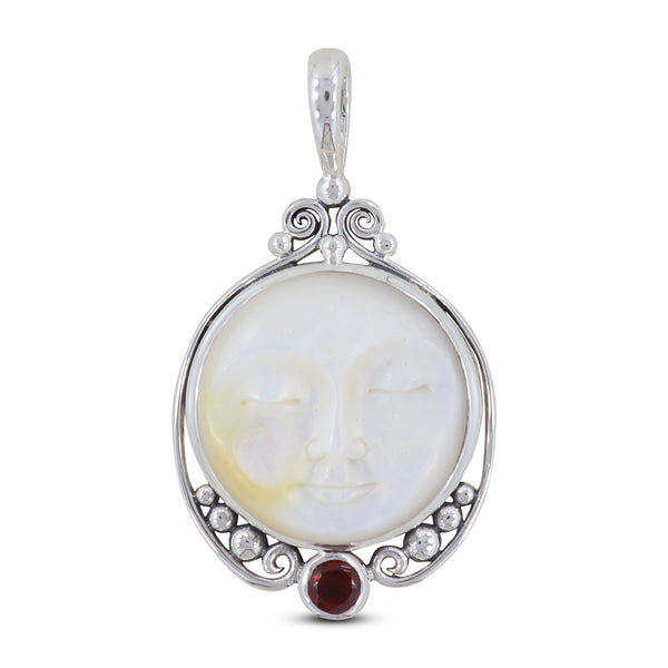 Moon Face & Garnet Silver Pendant