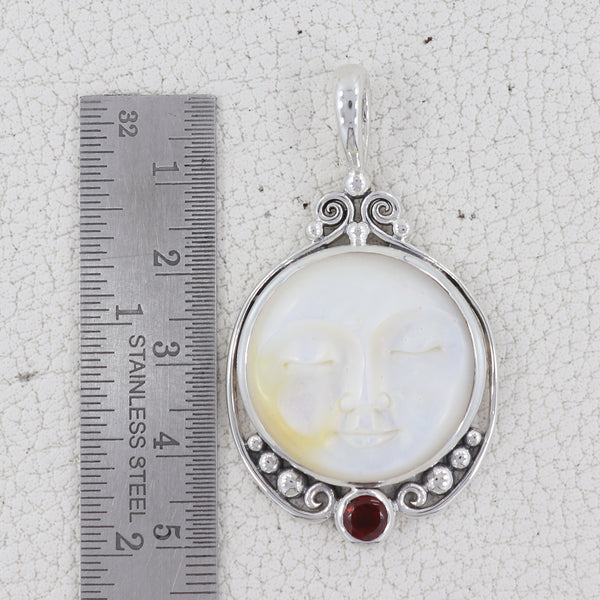 Moon Face & Garnet Silver Pendant