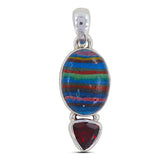 Natural Rainbow Calsilica Gemstone 925 Sterling Silver Pendant